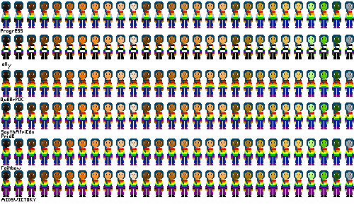 a row of people with pride flag shirts and darker cyan hair