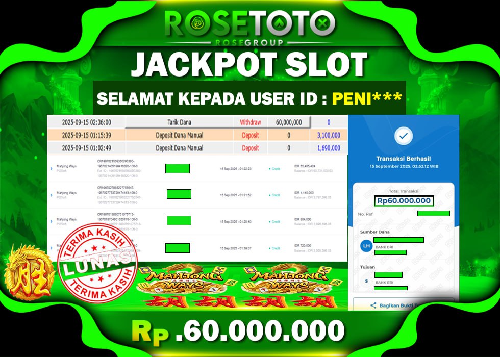 ROSETOTO JACKPOT SLOT MAHJONG WAYS Rp.60.000.000.,- LUNAS