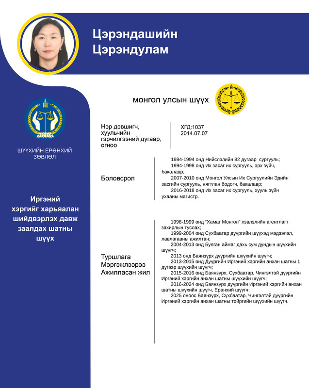 Иргэний хэргийг харьяалан шийдвэрлэх давж заалдах шатны шүүхийн шүүгчид нэр дэвшигч Ц.Цэрэндуламын мэргэжлийн үйл ажиллагааны танилцуулга