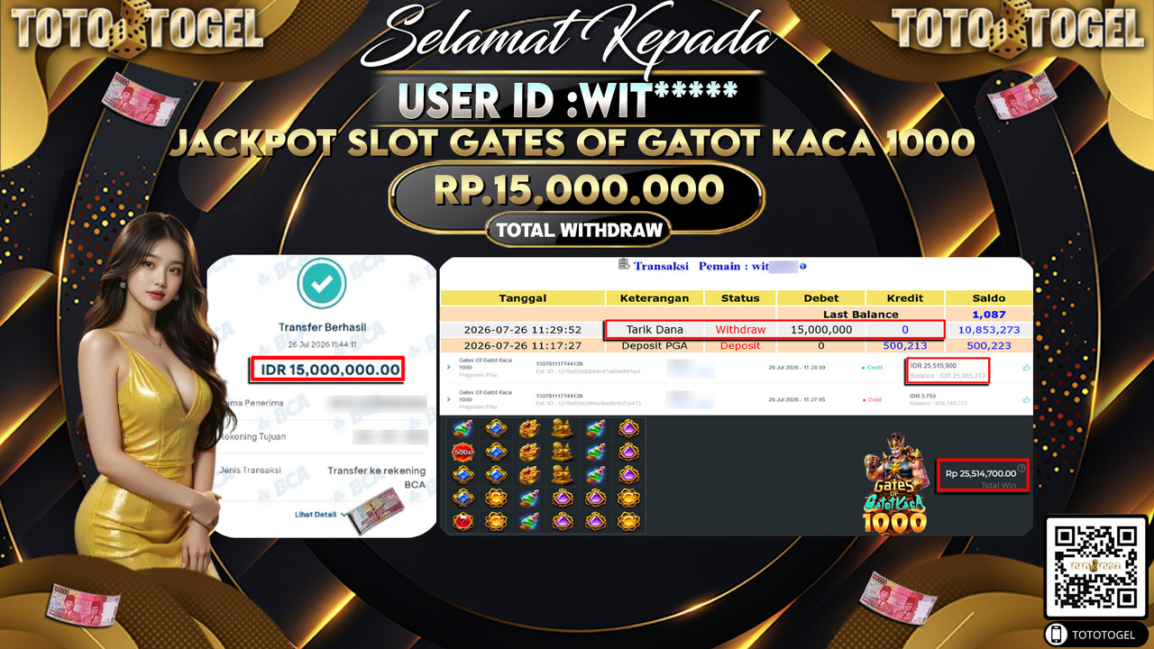Bukti Pembayaran Jackpot SLOT GATES OF GATOT KACA 1000 ID:WIT****LUNAS