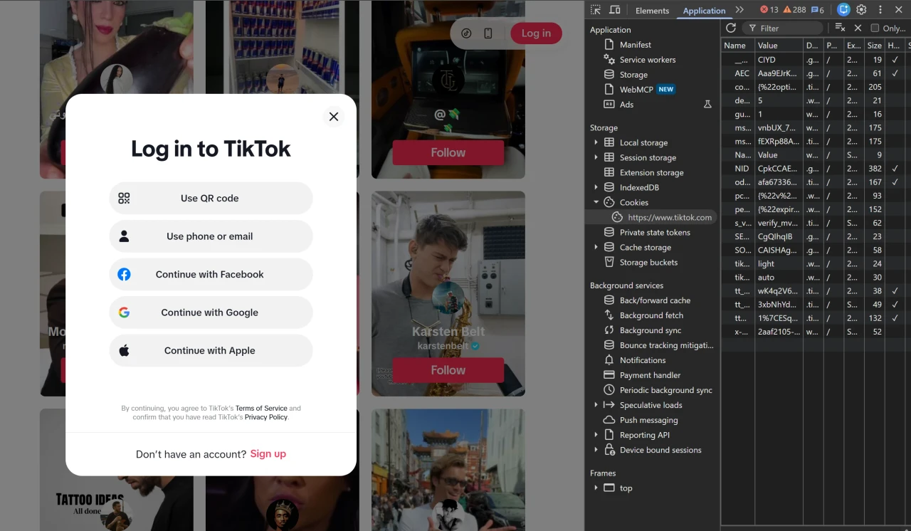 Список cookies TikTok в DevTools
