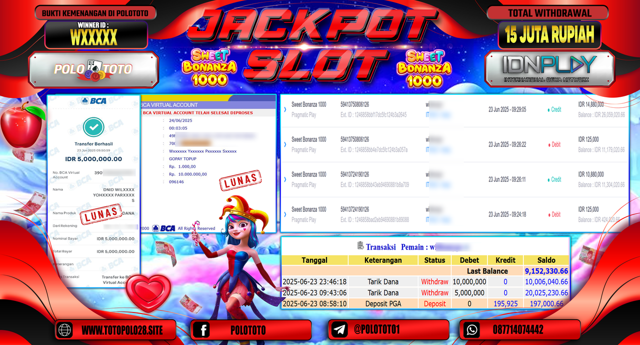 POLOTOTO JACKPOT SLOT SWEET BONANZA 1000 Rp.15.000.000,-