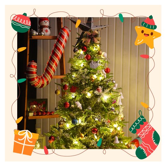 Xmas decoration at home with a festive Christmas tree adorned with beautiful ornaments and pixel lights