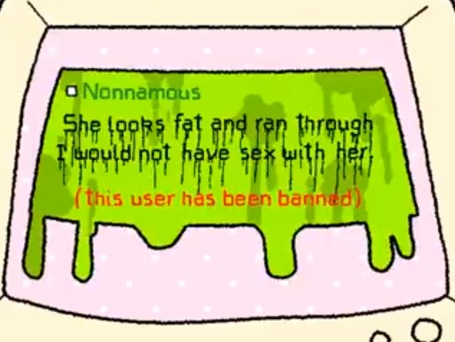 the reply from earlier is green and drippy and under it is red text that reads user has been banned