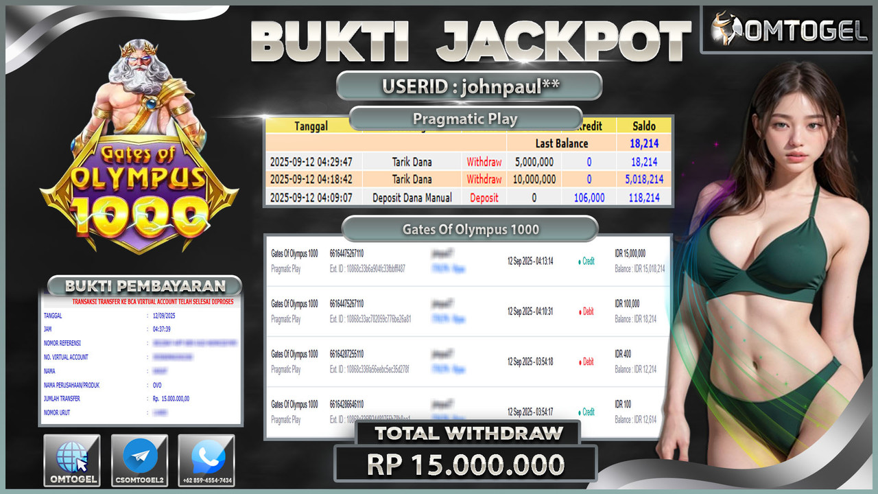 OMTOGEL JACKPOT PRAGMATIC PLAY GATES OF OLYMPUS 1000 15 JUTA DI BAYAR LUNAS ,-