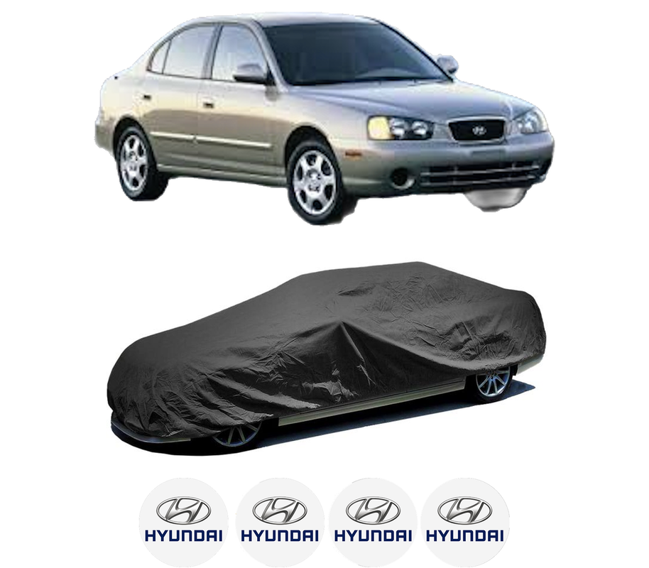 Husa tip prelata auto pentru HYUNDAI ELANTRA III Saloon (XD) din 2000-2006, Culoare Negru, material textil impermeabil, rezistanta la intemperii praf UV, CARPASSION Husa Protectie, 4 Stickere auto cu HYUNDAI