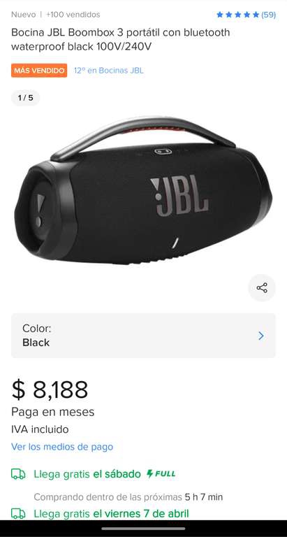 Mercado Libre: Bocina JBL Boombox 3 portátil con bluetooth waterproof black 100V/240V 
