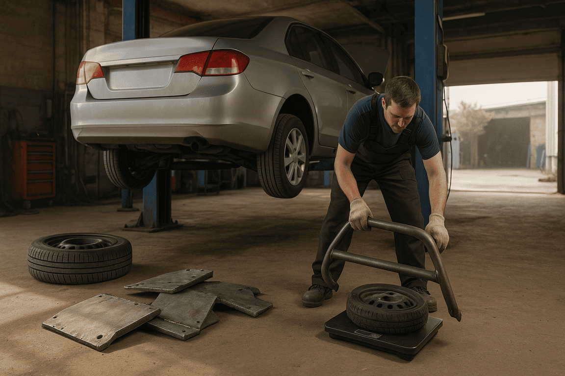 Механик взвешивает снятые детали рядом с автомобилем в гараже