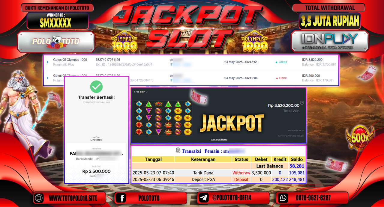 POLOTOTO JACKPOT SLOT GATES OF OLYMPUS 1000 Rp.3.500.000,-