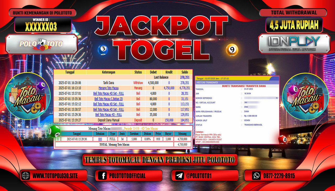 POLOTOTO JACKPOT TOGEL PASARAN TOTO MACAU Rp.4.500.000,- LUNAS