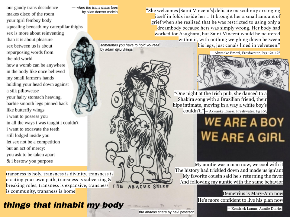 A collage about body and transness using art and writing by different artists whose work I admire.