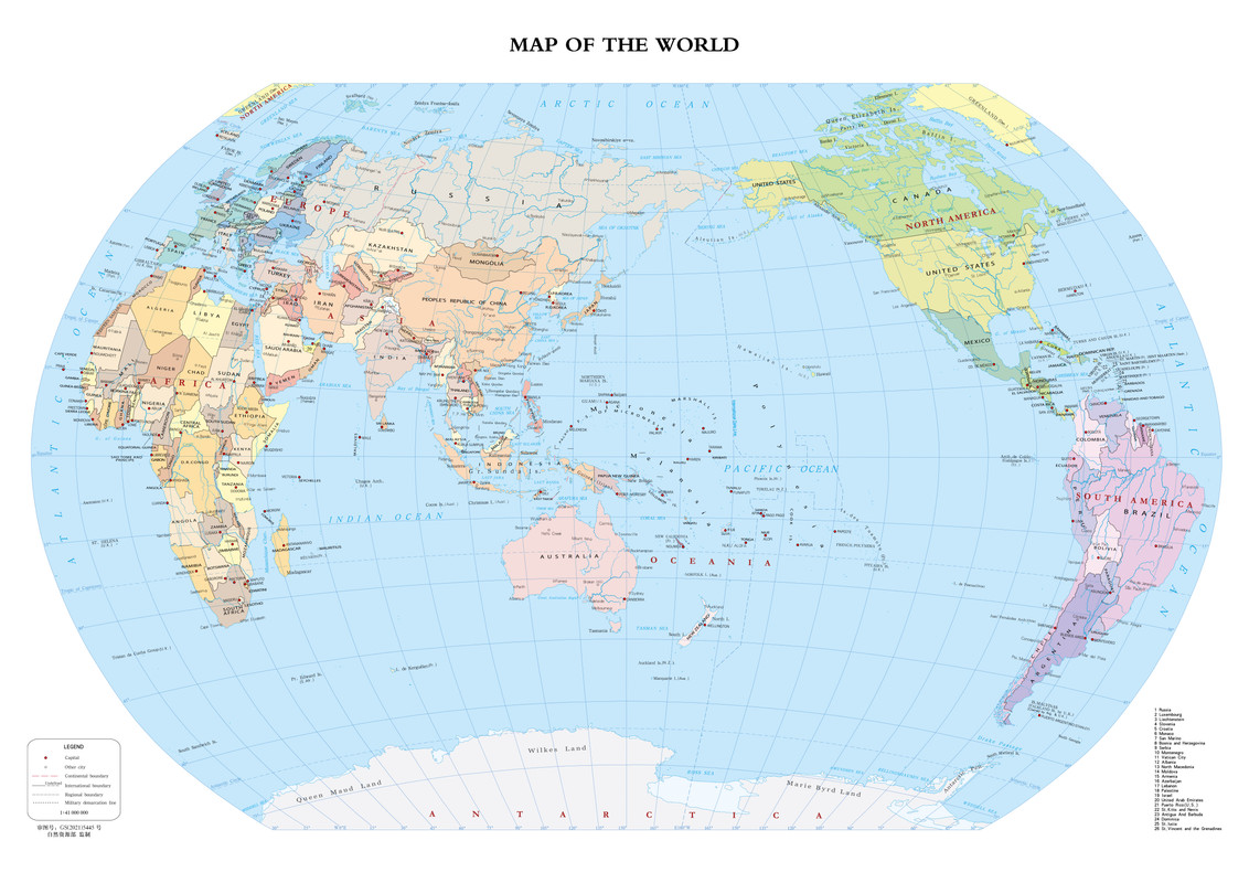 世界地图1：4100万对开（英）分国设色线划一