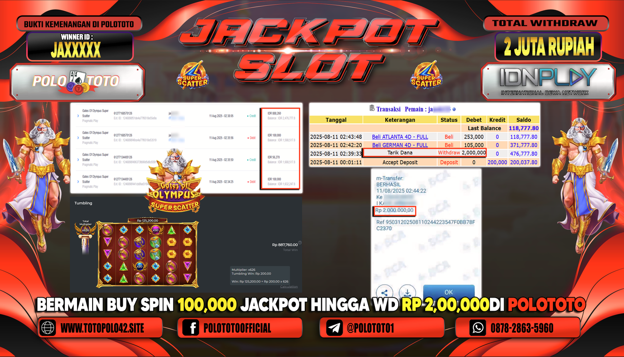 POLOTOTO JACKPOT SLOT GATES OF OLYMPUS SUPER SCATTER Rp.2.000.000,-LUNAS
