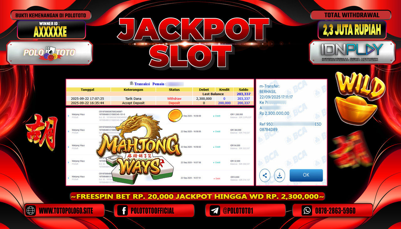 POLOTOTO JACKPOT SLOT MAHJONG WAYS Rp.2.300.000,- LUNAS