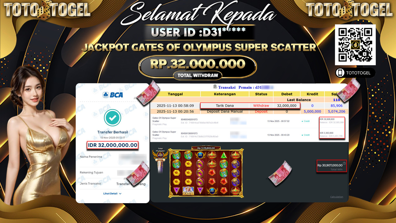 Bukti Pembayaran Jackpot Permainan Slot Gates Of Olympus Super Scatter ID:D31**** LUNAS