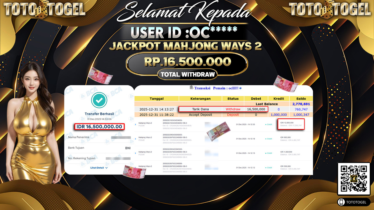 Bukti Pembayaran Jackpot Permainan Slot Mahjong Ways 2 ID:OC**** LUNAS