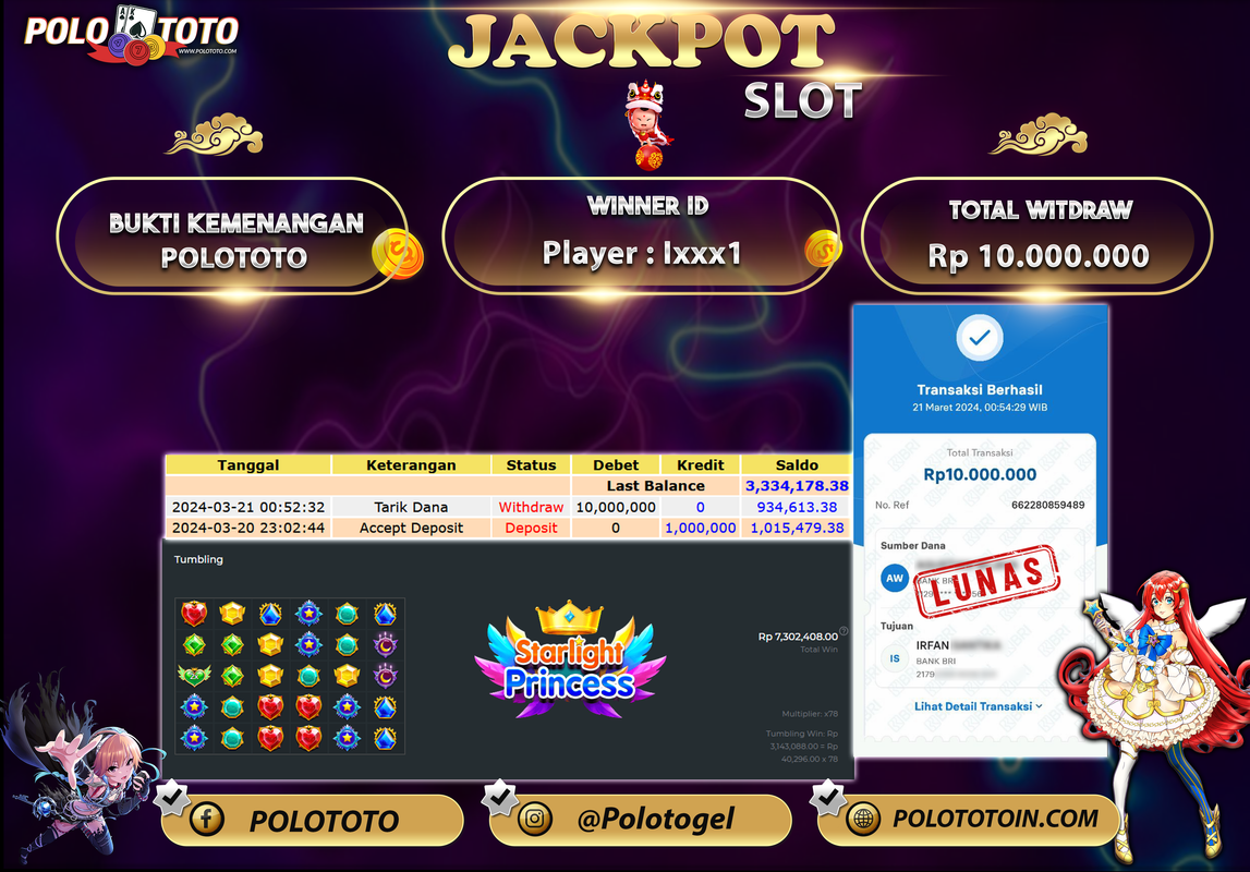 POLOTOTO JACKPOT SLOT STARLIGHT PRINCESS Rp. 10.000.000,- LUNAS