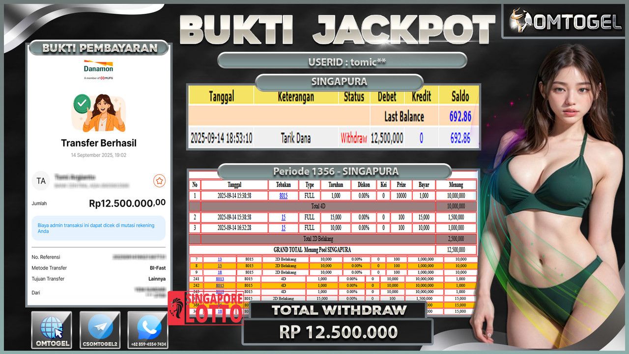 OMTOGEL JACKPOT SINGAPURA 4D 2D 12 JUTA DI BAYAR LUNAS ,-