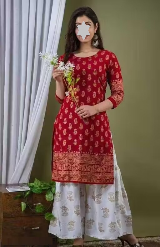 AAA Fashion Premium Printed Rayon Latest trend kurti comfortable feel ultimate highlited Printed design stunning look new look kurta palazzoo set (RED-WHITE) Color 1 (KS130)