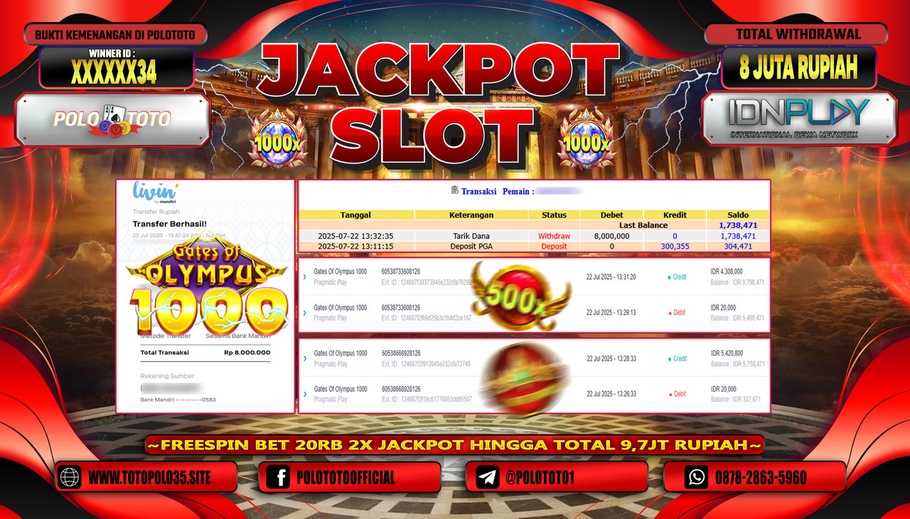 POLOTOTO JACKPOT SLOT GATES OF OLYMPUS 1000 Rp.8.000.000,- LUNAS