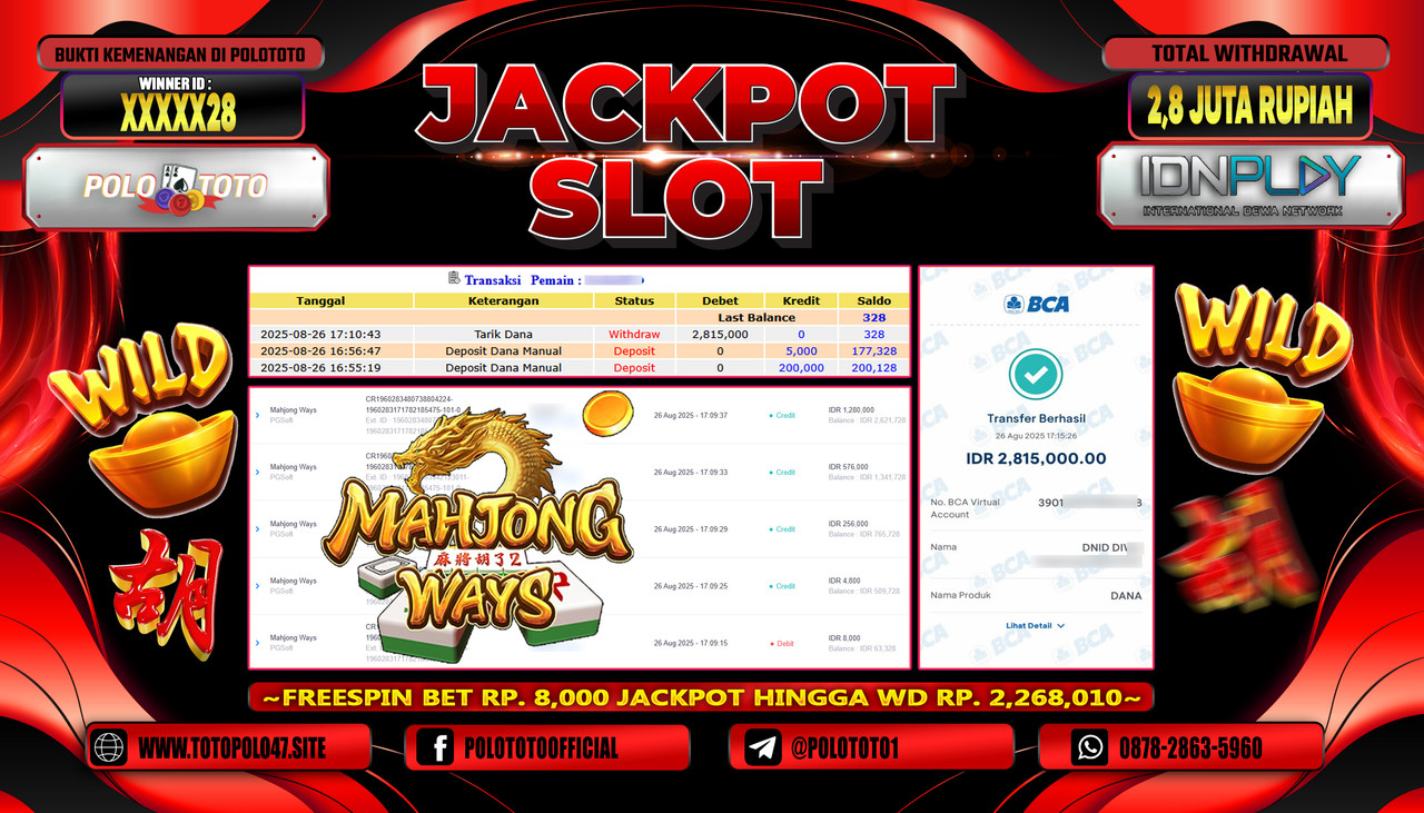 POLOTOTO JACKPOT SLOT MAHJONG WAYS Rp.2.800.000,- LUNAS