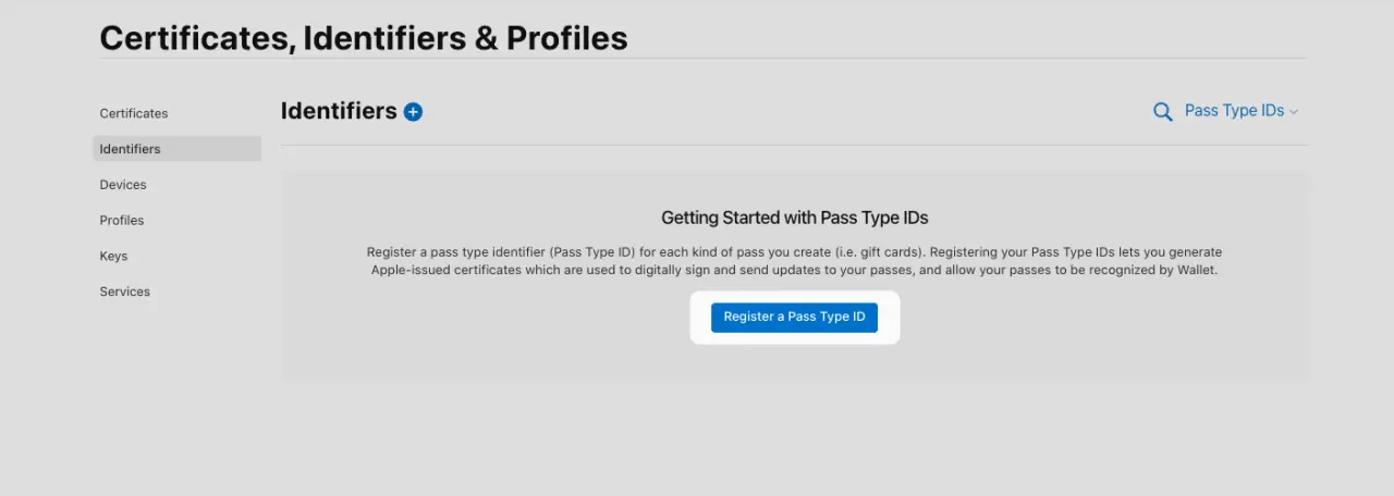 Register new Pass Type ID in Apple Developer Console