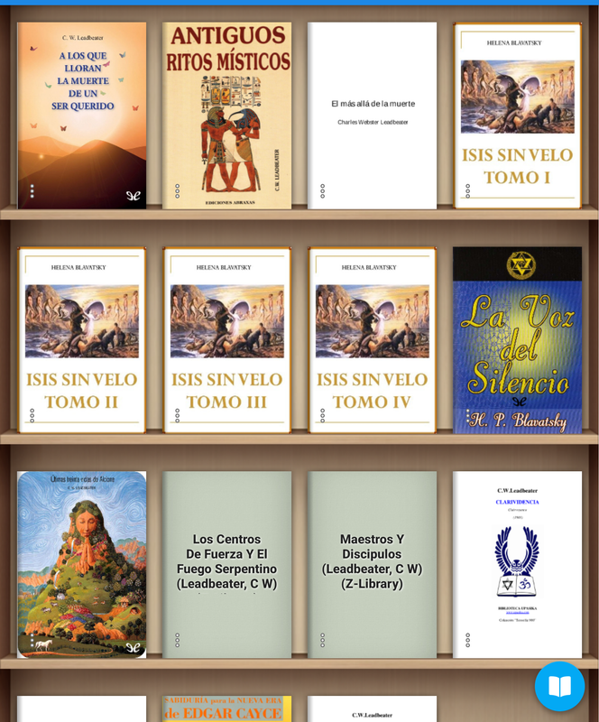 Biblioteca digital de ocultismo con 1.090 libros organizados por carpetas en una aplicación de lectura