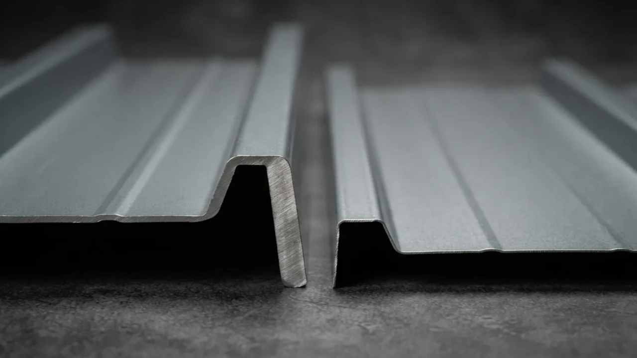 Close up metal roofing panel gauge thickness comparison edge view 26 vs 29 gauge steel