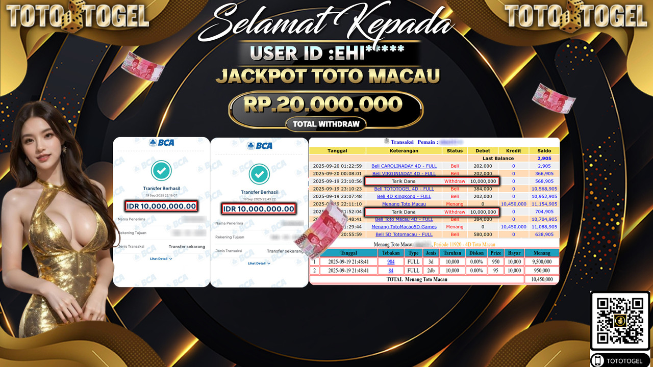 Bukti Pembayaran Jackpot Permainan Togel Toto Macau  ID:EHI*** LUNAS