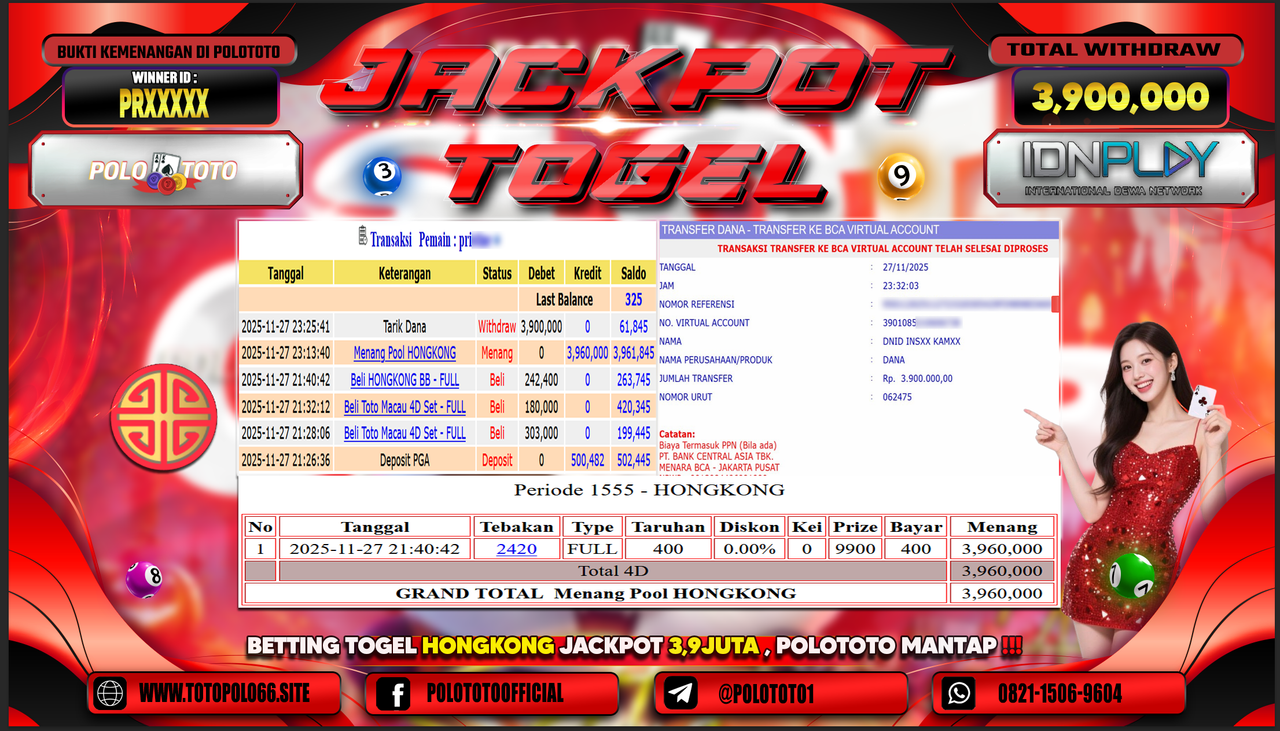 POLOTOTO JACKPOT TOGEL MENANG HONGKONG LOTTO Rp.3.900.000,- LUNAS