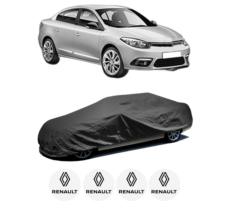 Husa tip prelata auto pentru RENAULT FLUENCE (L3_) din 2010-2015, Culoare Negru, material textil impermeabil, rezistanta la intemperii praf UV, CARPASSION Husa Protectie, 4 Stickere auto cu RENAULT