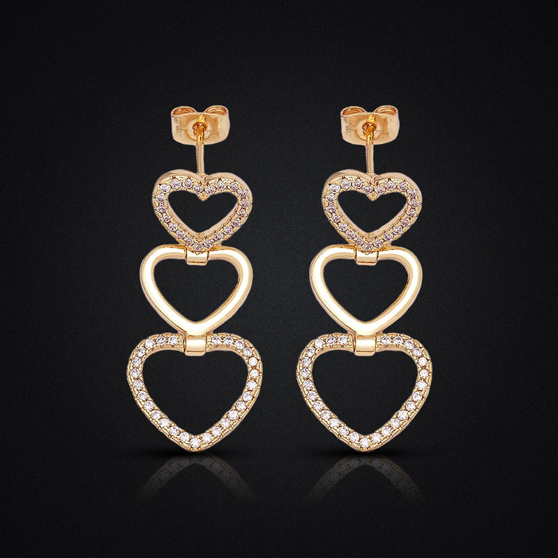 Gold Color CZ TRIPLE HEART Earrings Drop Dangle Women Girls Jewelry Gifts NEW