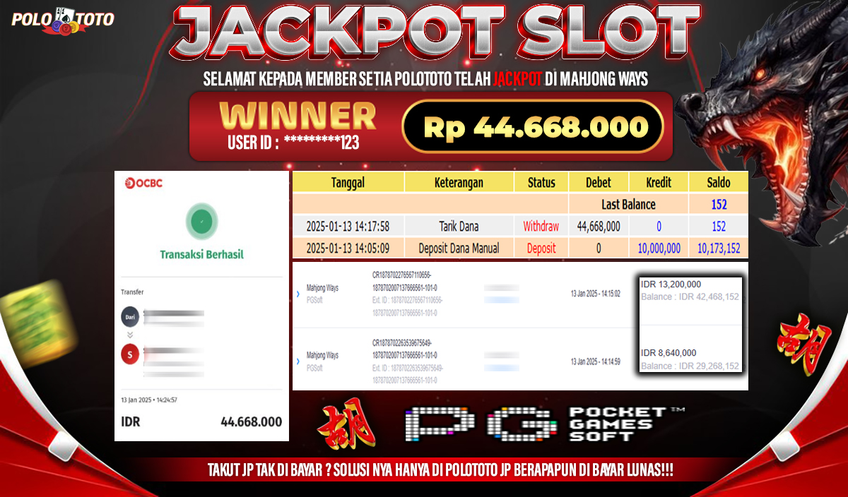 POLOTOTO JACKPOT SLOT MAHJONG WAYS Rp.44,668.000,-