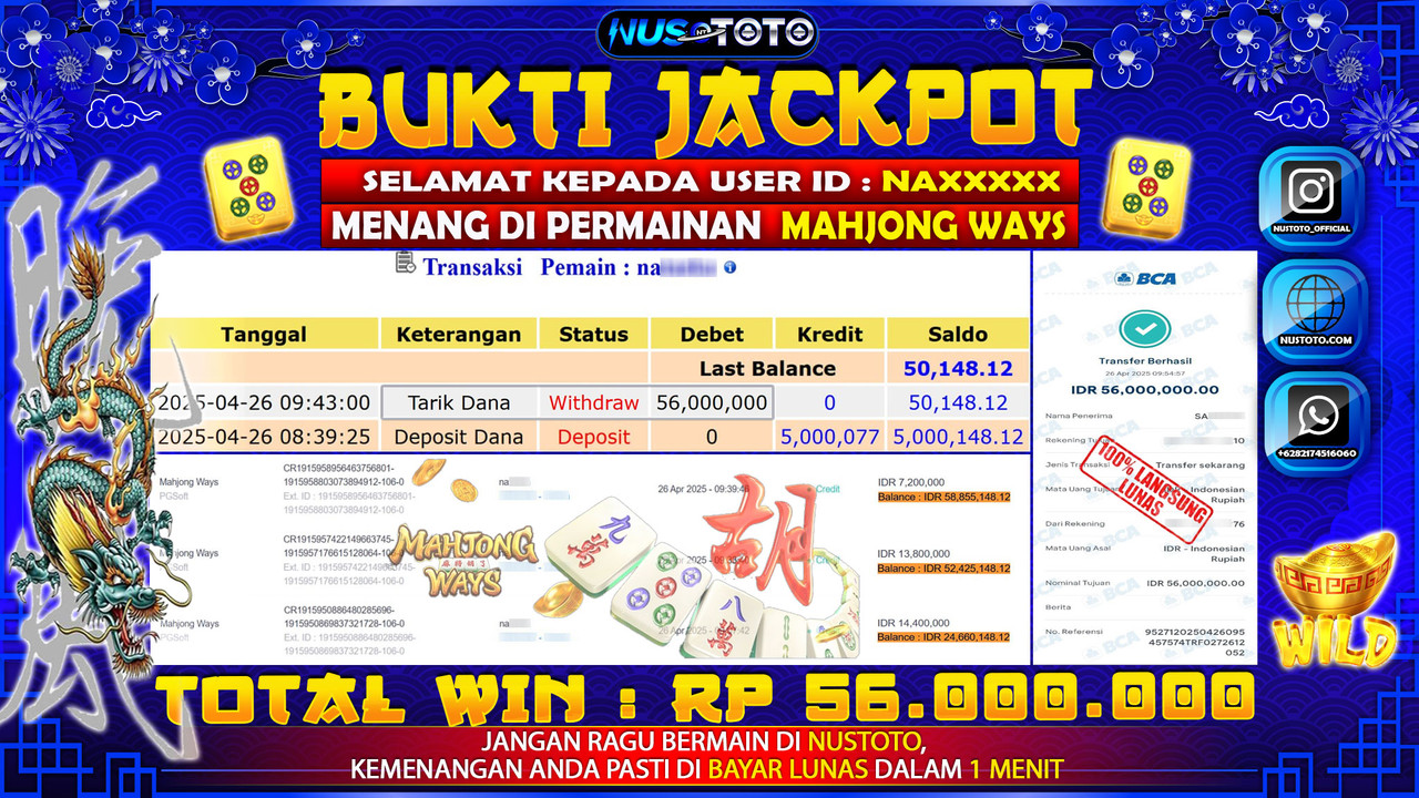 JACKPOT !! MENANG BESAR DI MAHJONG WAYS Rp. 56.000.000 LANGSUNG DI BAYAR LUNAS NUSTOTO !!