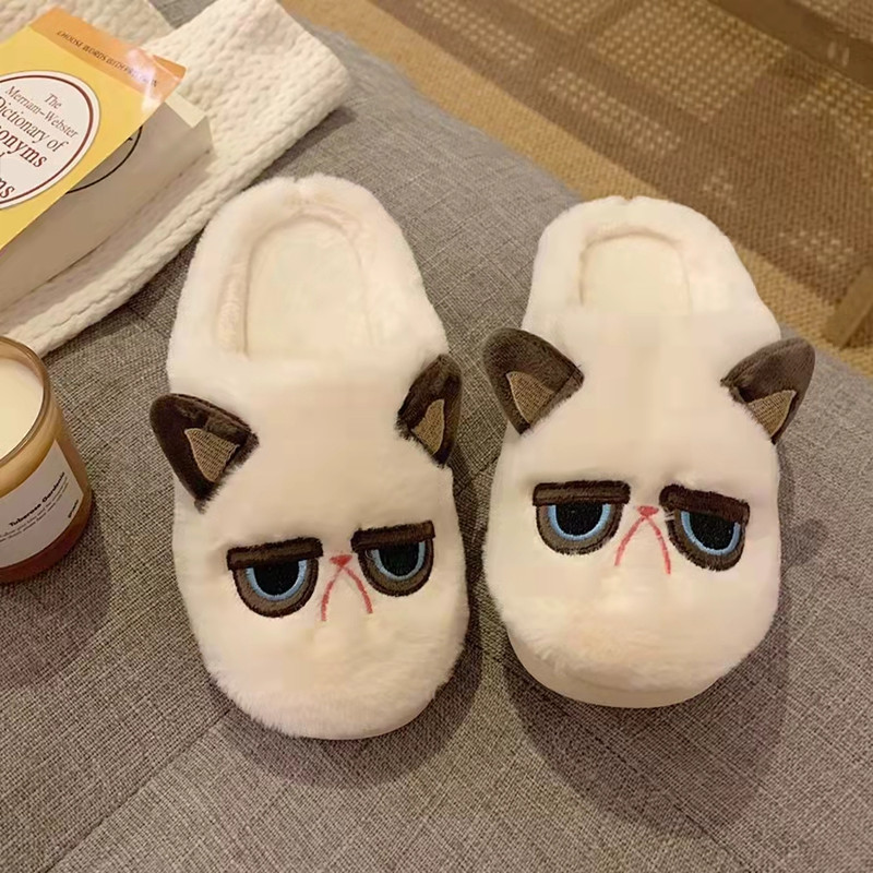 Grumpy Sad Cat Inspired Home Slippers Cozy Fluffy Winter Slippers