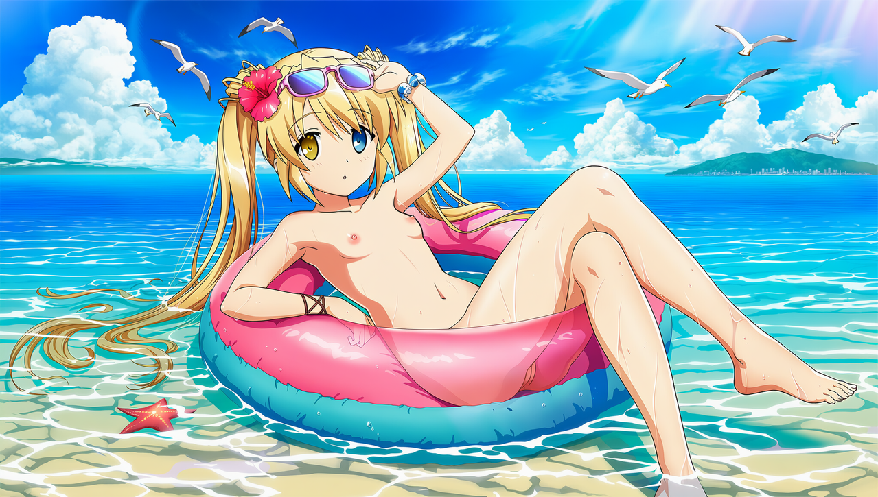 1girl breasts nipples looking at viewer outdoors eyewear on head swim ring s 1745777063