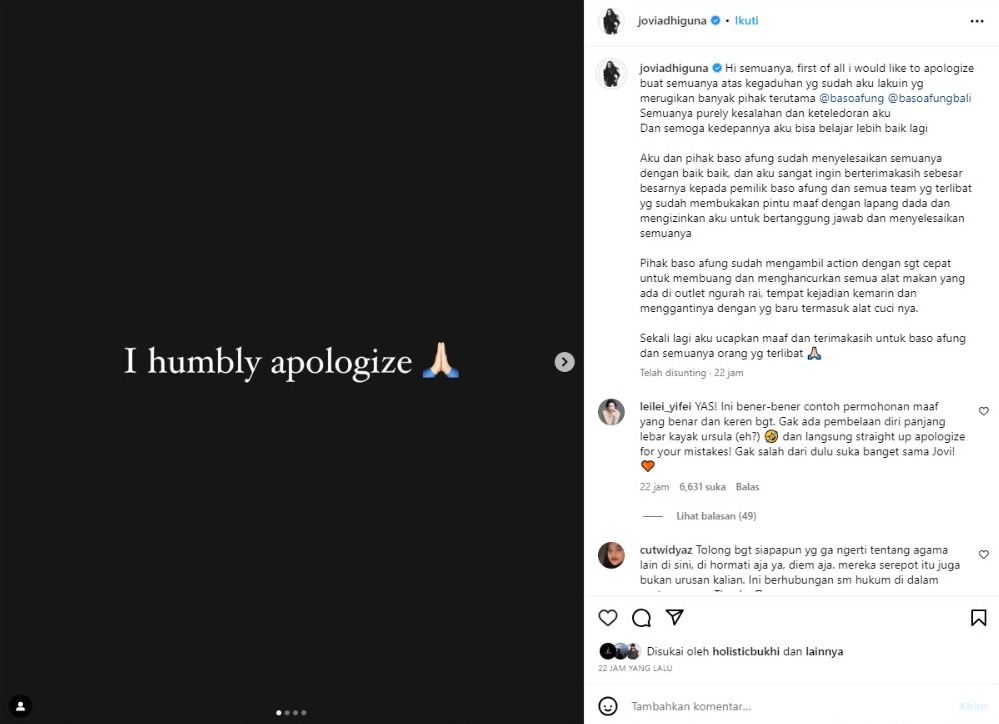 Selebgram Jovi Adhiguna unggah permintaan maaf usai bikin Baso A Fung viral dan hancurkan alat makan. Kini ungkap permasalah sudah diselesaikan dengan baik.