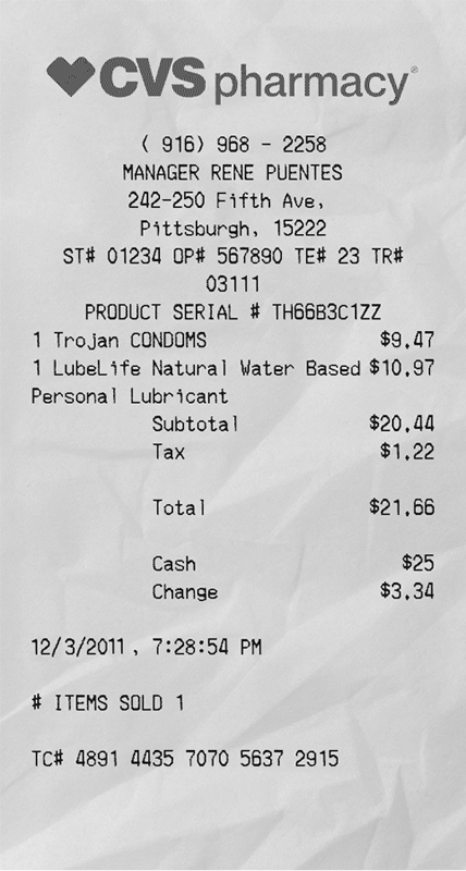 A CVS receipt for condoms and lube