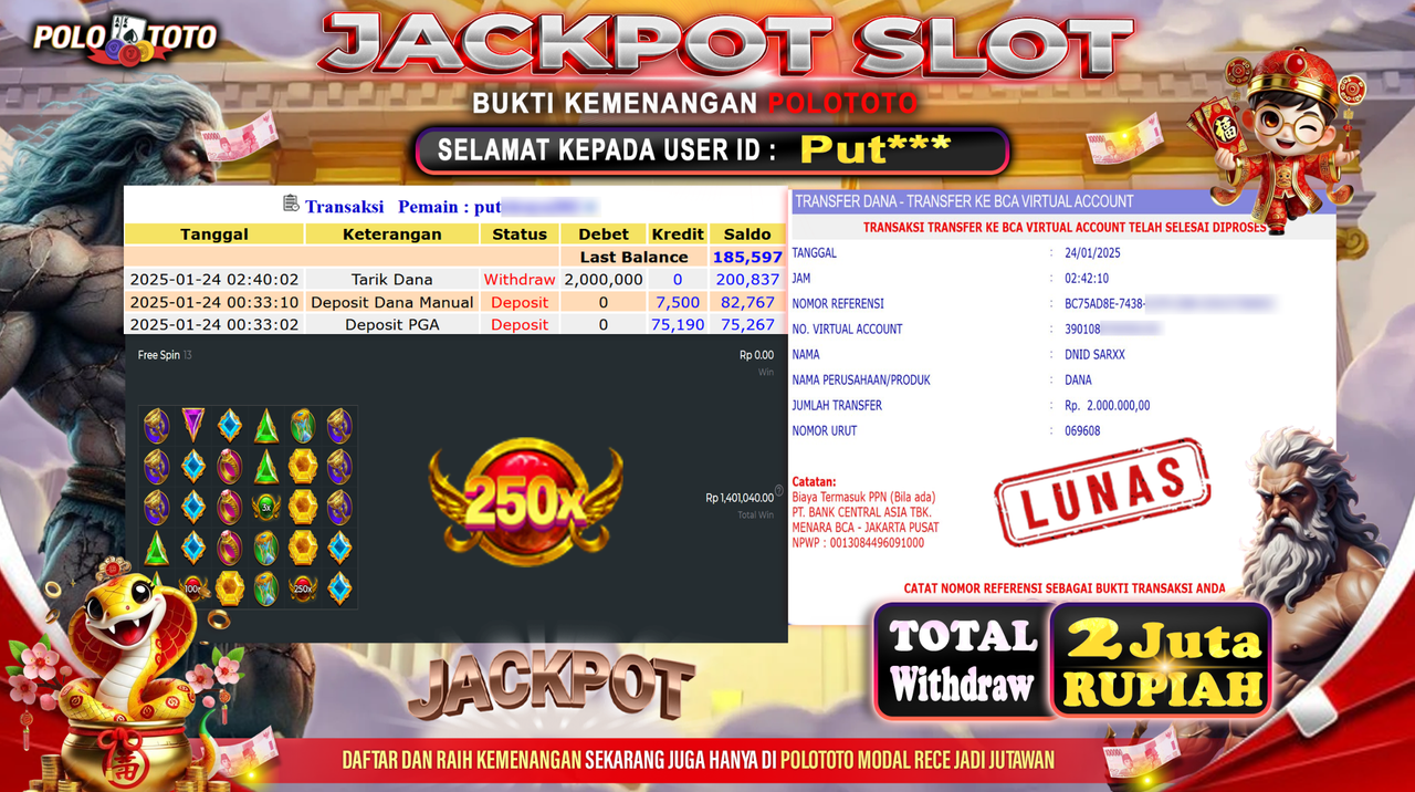 POLOTOTO JACKPOT SLOT GATES OF OLYMPUS 1000 Rp.2,000.000,-