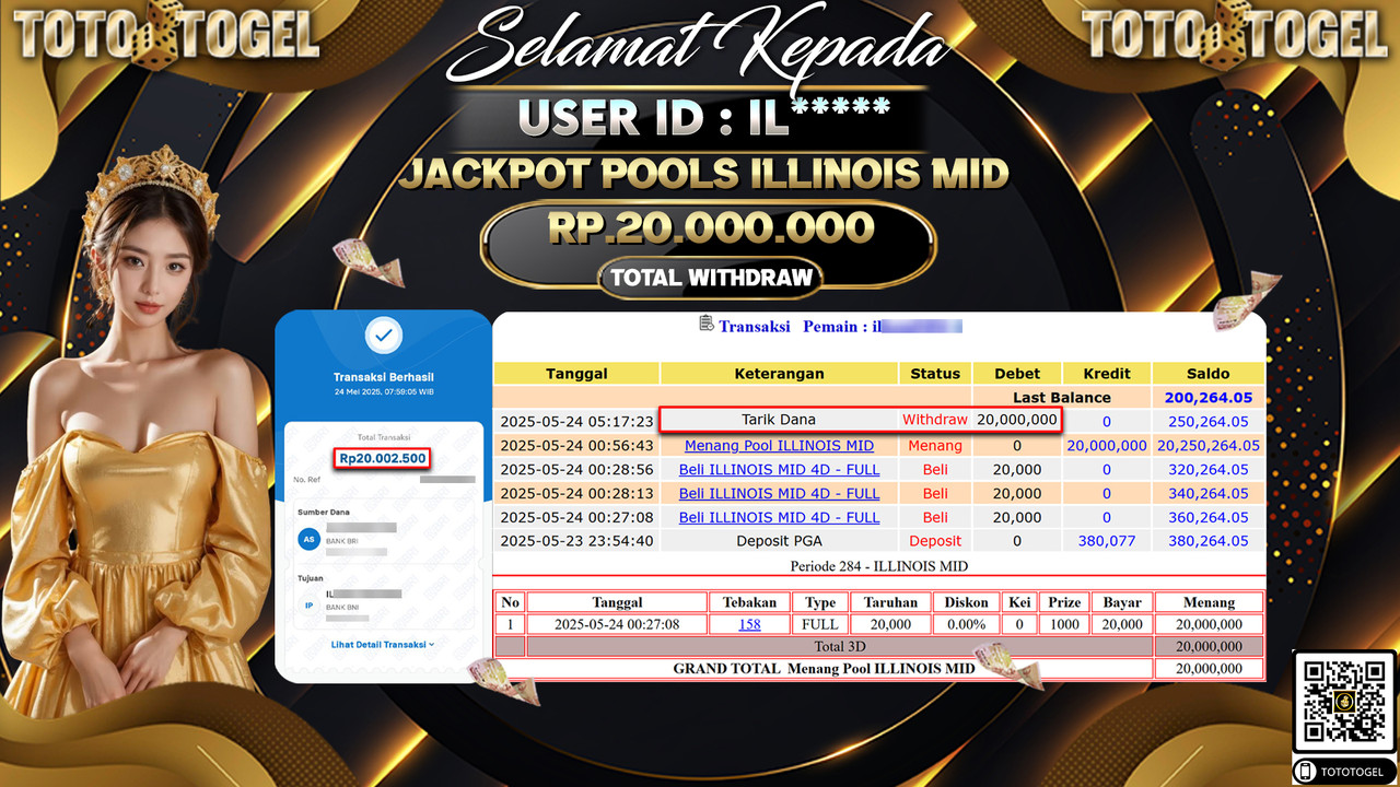 Bukti Pembayaran Jackpot Permainan Togel Pools Illinois Mid ID:IL***** LUNAS