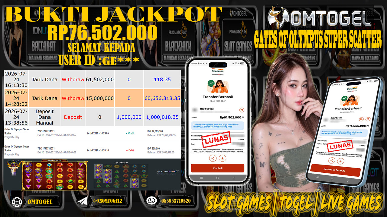 OMTOGEL JACKPOT PRAGMATICPLAY GATES OF OLYMPUS SUPER SCATTER  Rp,76,502,000,- DIBAYAR LUNAS