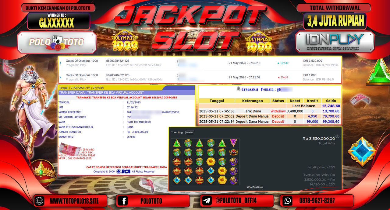 POLOTOTO JACKPOT SLOT GATES OF OLYMPUS 1000 Rp.3.400.000,-