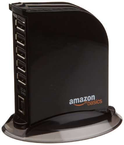 Amazon Basics - Torre de concentrador USB 2.0 de 7 puertos con adaptador de corriente de 5 V/4 A 
