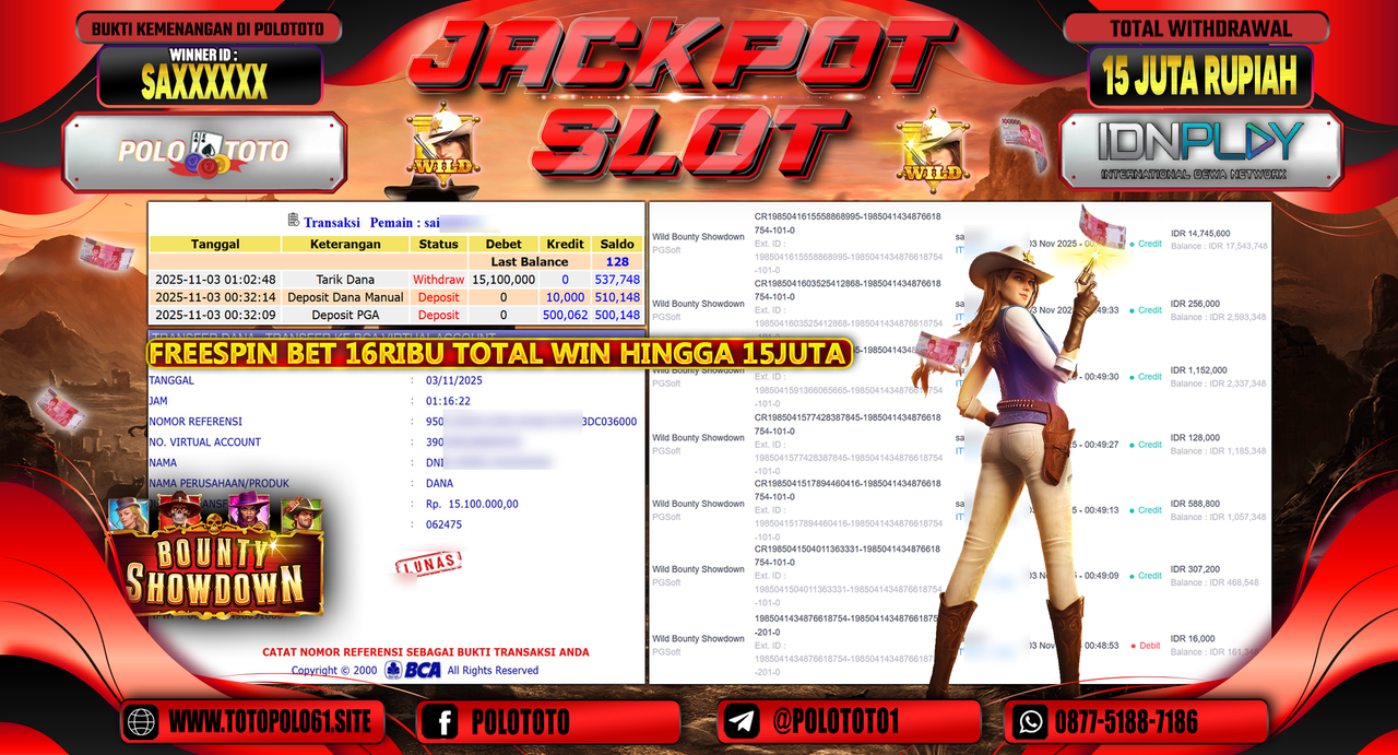 POLOTOTO JACKPOT SLOT WILD BOUNTHY SHOWDOWN Rp.15.000.000,- LUNAS