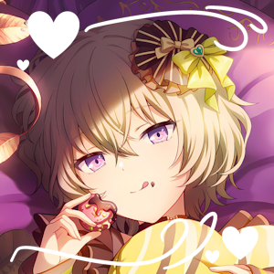 Nene Kusanagi in her Valentine's day card. Her hair is shorter than usual. She's lying on some purple cushions. She's smiling with her tongue out at the heart-shaped candy in her right hand.