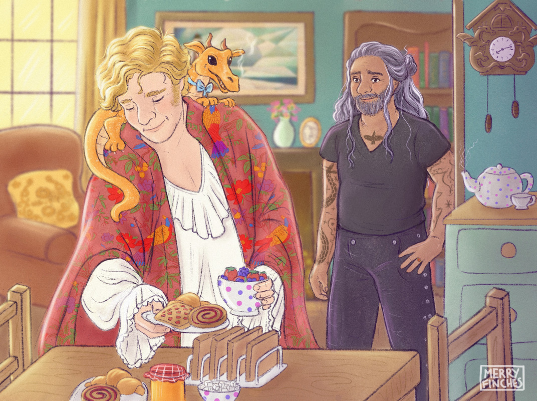 Artwork by Merryfinches of Ed, Stede, and Marmalade in Stede's kitchen. Stede is in the foreground, dressed in a billowing shirt and the bird robe. Marmalade is perched on his shoulders, his tail hanging over Stede's chest. Stede is fixing breakfast and tea to share with Ed, who stands in the background, watching Stede with a soft, fond smile