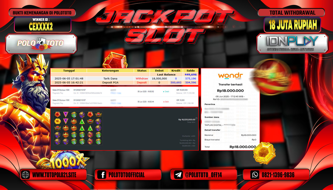 POLOTOTO JACKPOT SLOT GATES OF OLYMPUS Rp.18.000.000,- LUNAS