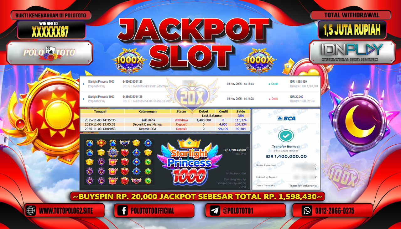 POLOTOTO JACKPOT SLOT STARLIGHT PRINCESS 1000 Rp.1.500.000,- LUNAS