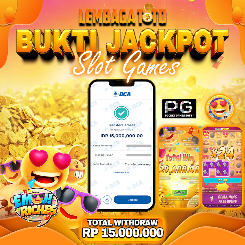 BUKTI JACKPOT 08 AGUSTUS LEMBAGATOTO EMOJI RICHES  Rp.15.000.000,- LUNAS