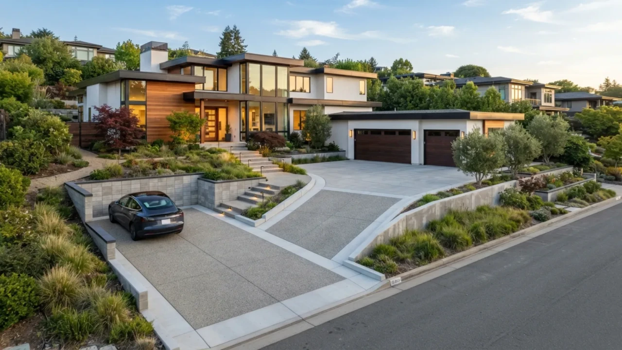 Modern home with a multi level driveway layout and clean concrete borders